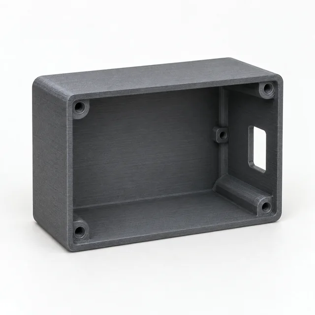 A dark gray 3D printed electronics enclosure.